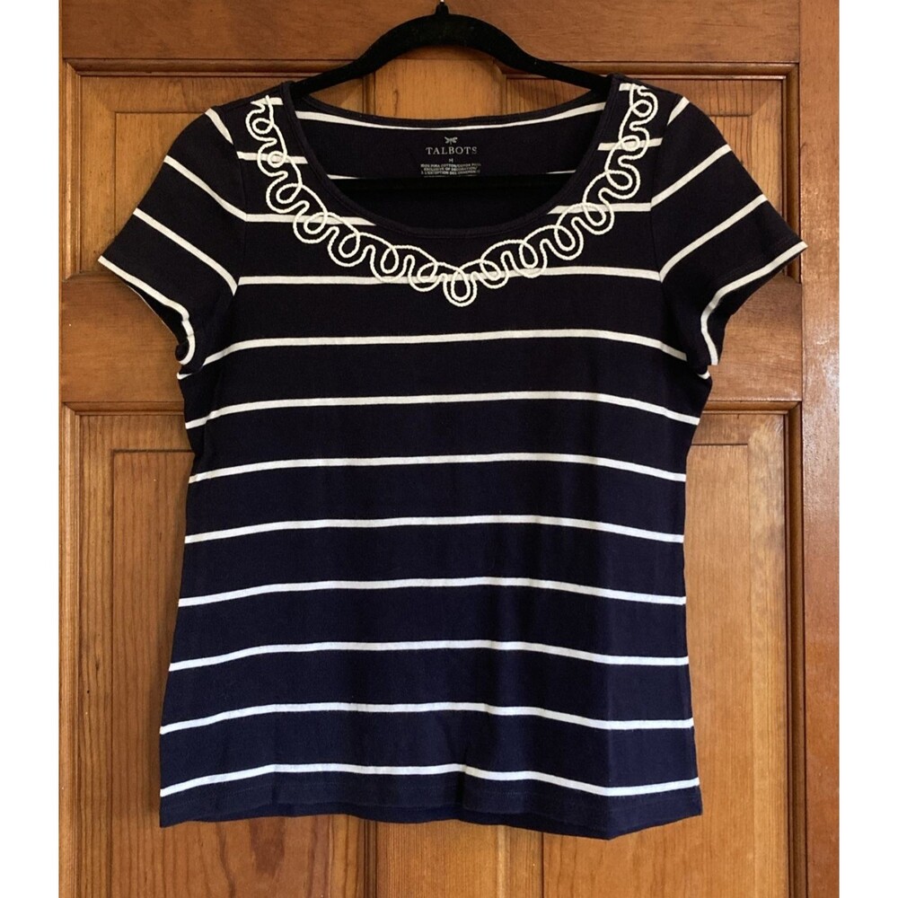 Talbots Womens M Navy White Stripe Nautical Short Sleeve‎ T Shirt Pima Cotton